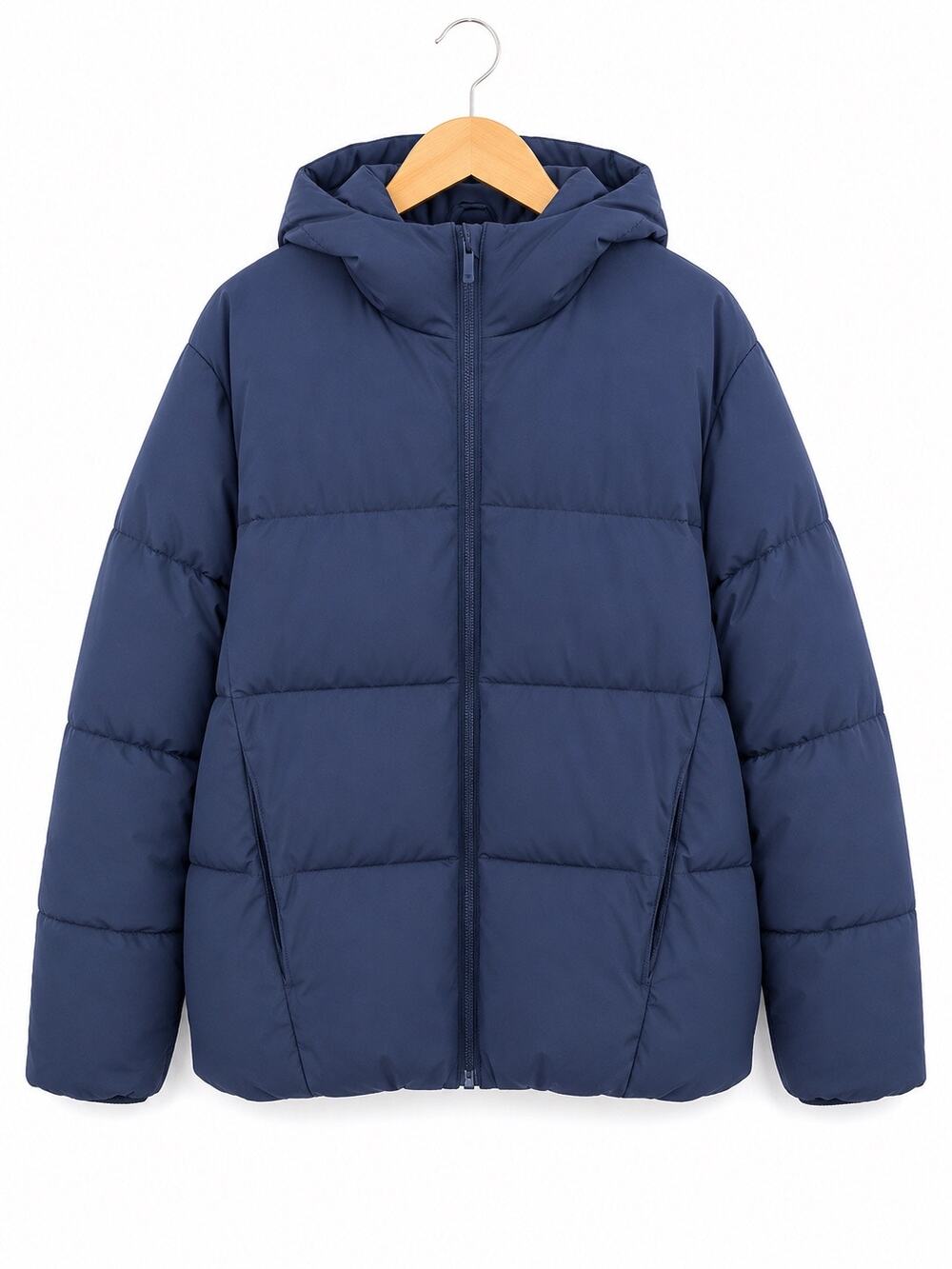All in Motion Mens Hooded Puffer Jacket Navy Blue Quilted Full Zip Coat Small